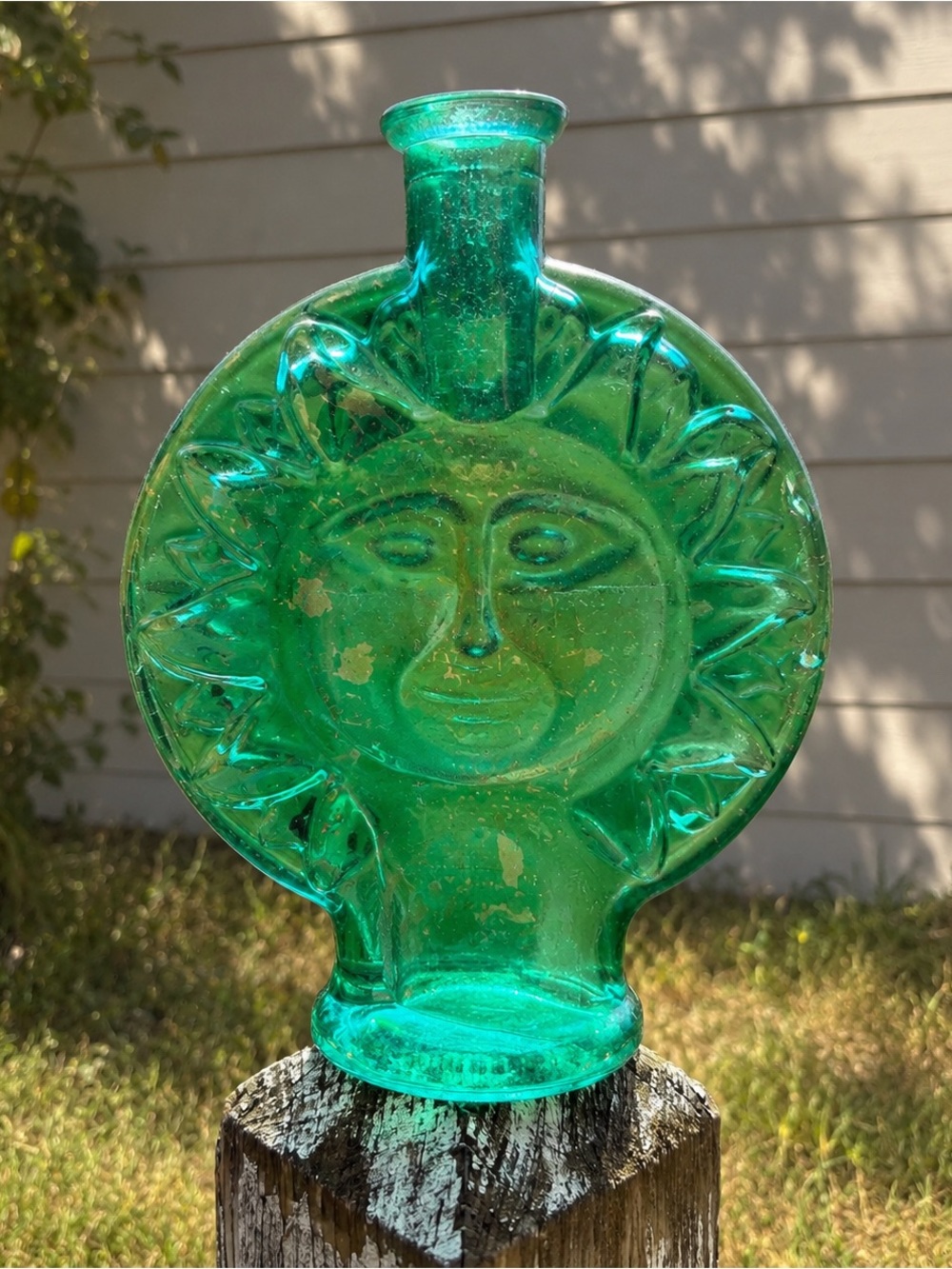 Vintage Teal Glass Celestial Decanter Bud Vase